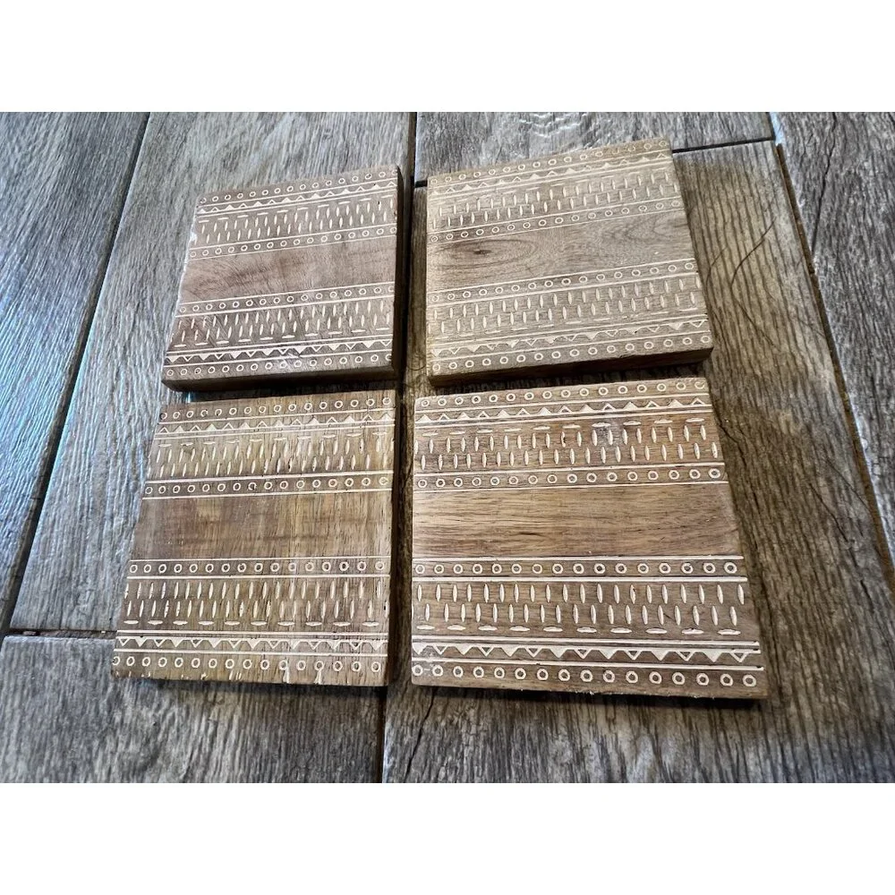 Wood Square Coasters Set Of 4 Etched Aztec‎ Tribal Southwestern Drink Holder 4